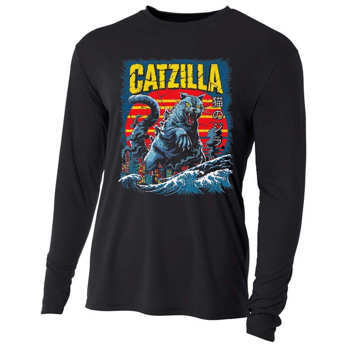 Catzilla Cat Japanese Art Funny Cat Cooling Performance Long Sleeve Crew