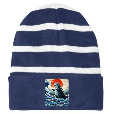 Catzilla Cat Japanese Art Funny Cat Adventure 0hoken Striped Beanie with Solid Band