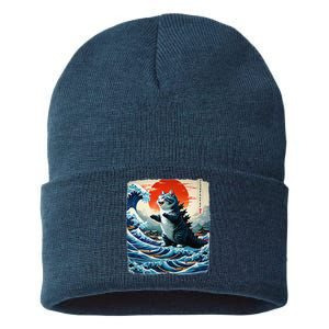 Catzilla Cat Japanese Art Funny Cat Adventure 0hoken Sustainable Knit Beanie