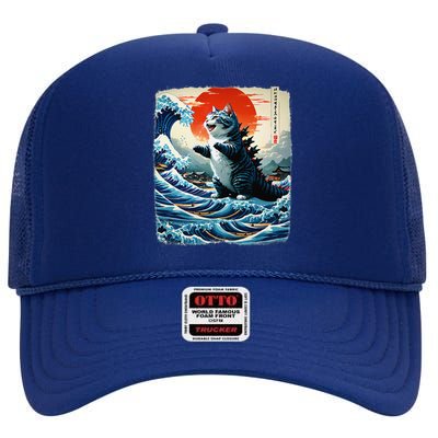 Catzilla Cat Japanese Art Funny Cat Adventure 0hoken High Crown Mesh Back Trucker Hat