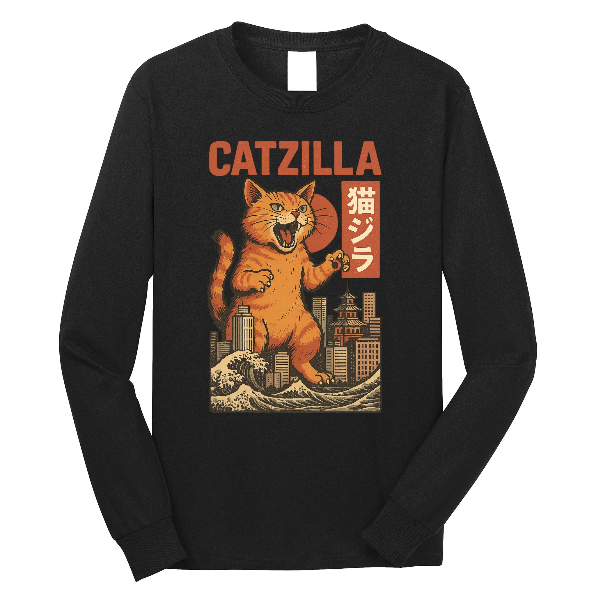 Catzilla Cat Japanese Art Funny Cat Long Sleeve Shirt