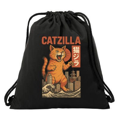 Catzilla Cat Japanese Art Funny Cat Drawstring Bag