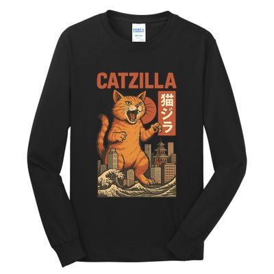 Catzilla Cat Japanese Art Funny Cat Tall Long Sleeve T-Shirt