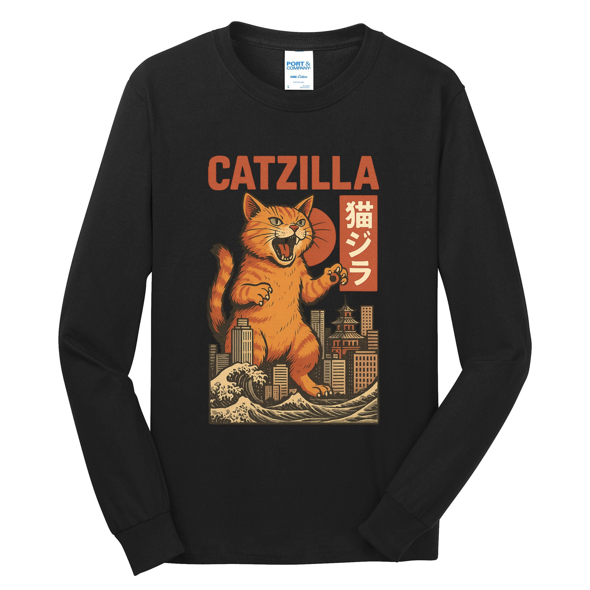 Catzilla Cat Japanese Art Funny Cat Tall Long Sleeve T-Shirt