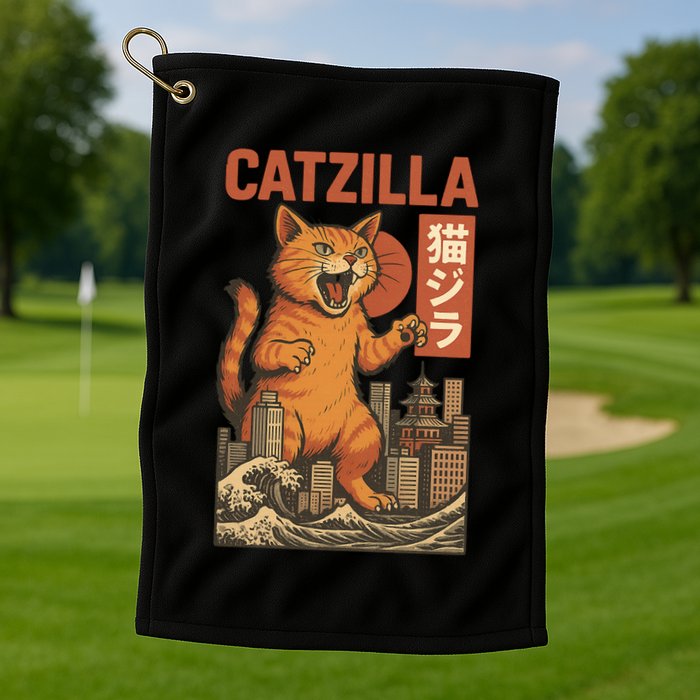 Catzilla Cat Japanese Art Funny Cat Golf Towel