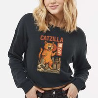Catzilla Cat Japanese Art Funny Cat Cropped Pullover Crew