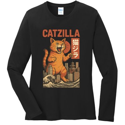Catzilla Cat Japanese Art Funny Cat Ladies Long Sleeve Shirt