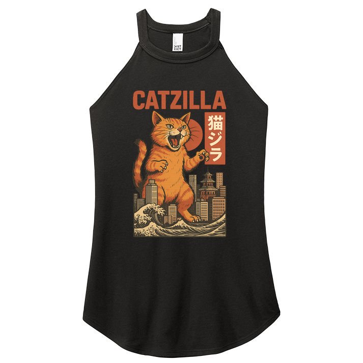 Catzilla Cat Japanese Art Funny Cat Women's Perfect Tri Rocker Tank