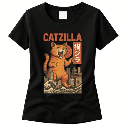 Catzilla Cat Japanese Art Funny Cat Womens T-Shirt