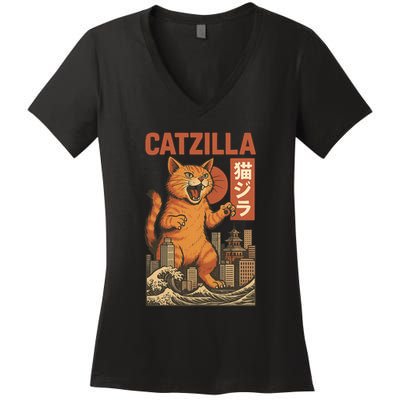 Catzilla Cat Japanese Art Funny Cat Women's V-Neck T-Shirt