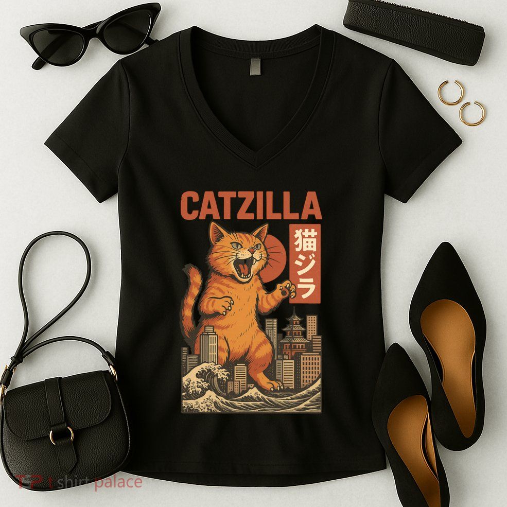 Catzilla Cat Japanese Art Funny Cat Women's V-Neck T-Shirt