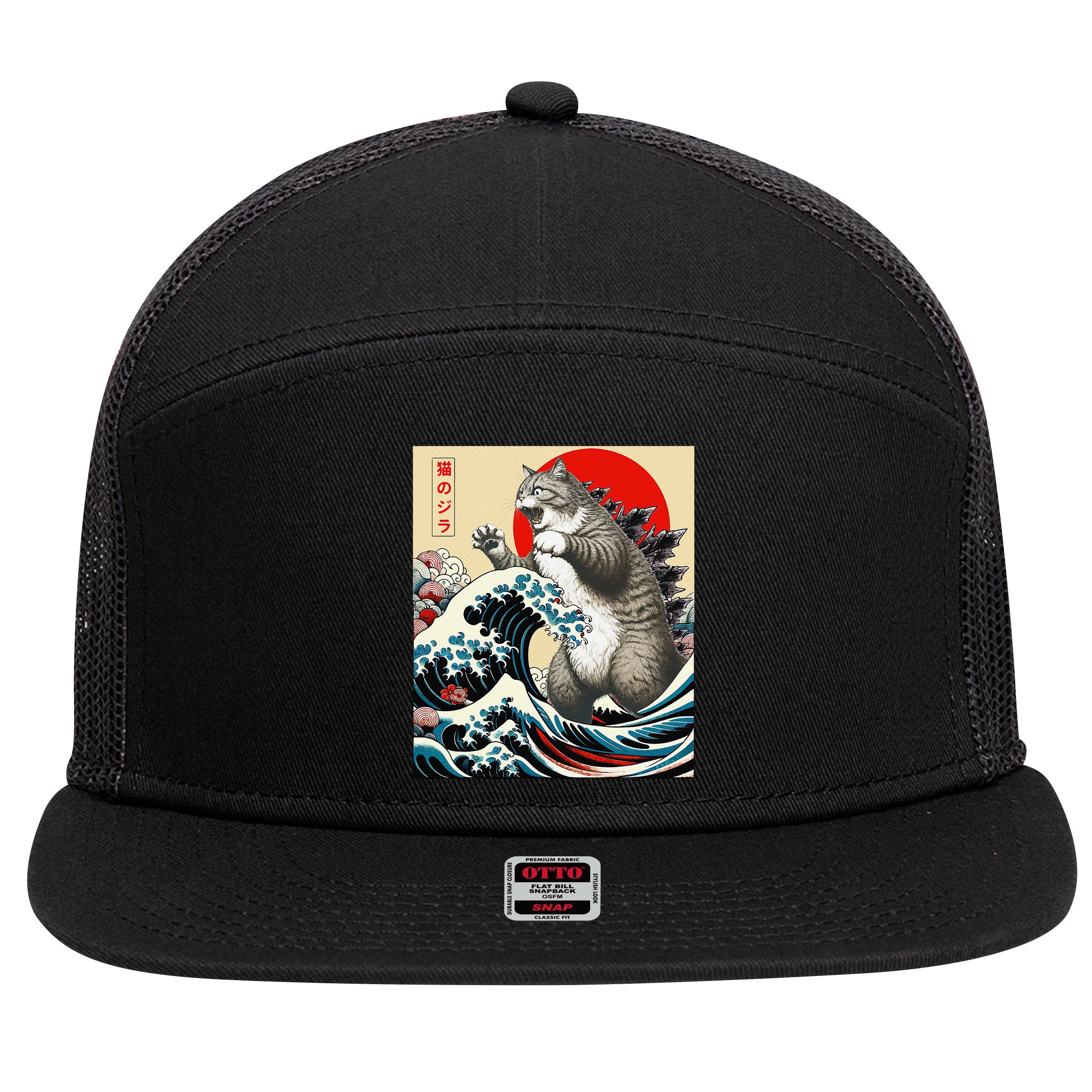 Catzilla Cat Japanese Art Funny Cat Gifts 7 Panel Mesh Trucker Snapback Hat