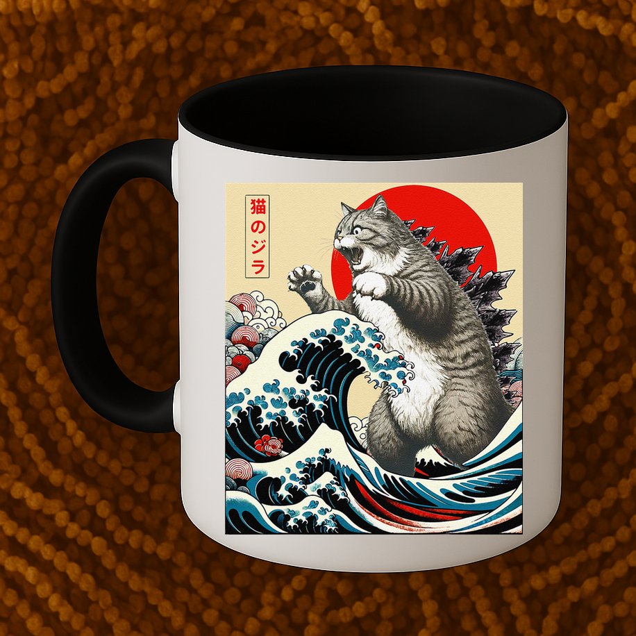 Catzilla Cat Japanese Art Funny Cat Gifts Mug