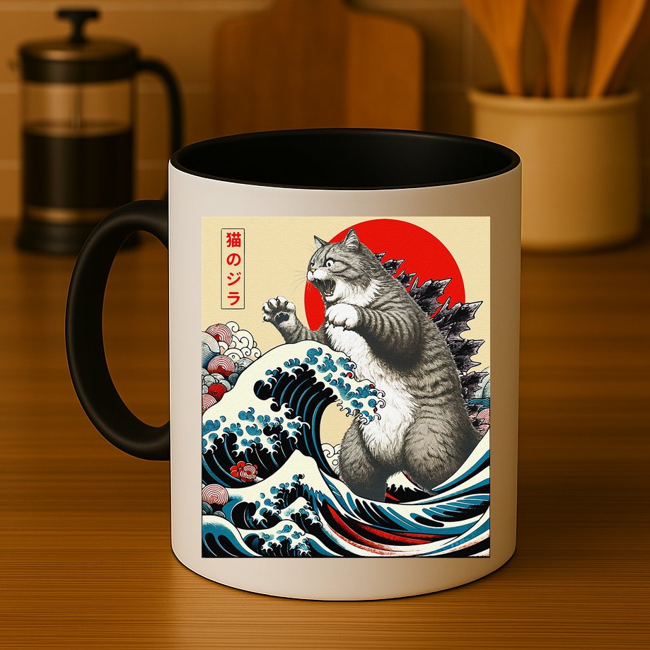 Catzilla Cat Japanese Art Funny Cat Gifts Mug