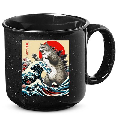 Catzilla Cat Japanese Art Funny Cat Gifts 15oz Campfire Ceramic Mug