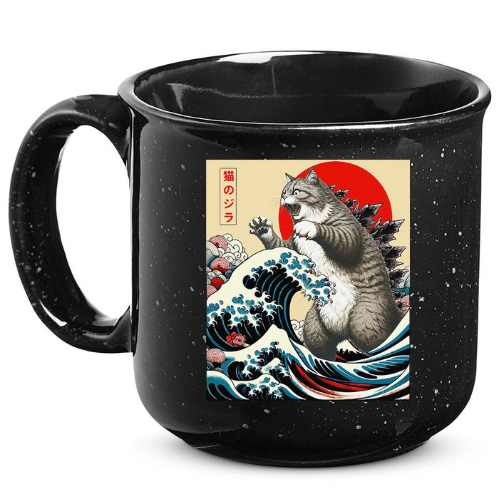 Catzilla Cat Japanese Art Funny Cat Gifts 15oz Campfire Ceramic Mug