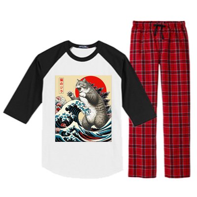 Catzilla Cat Japanese Art Funny Cat Gifts Raglan Sleeve Pajama Set