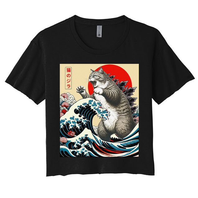 Catzilla Cat Japanese Art Funny Cat Gifts Crop Top