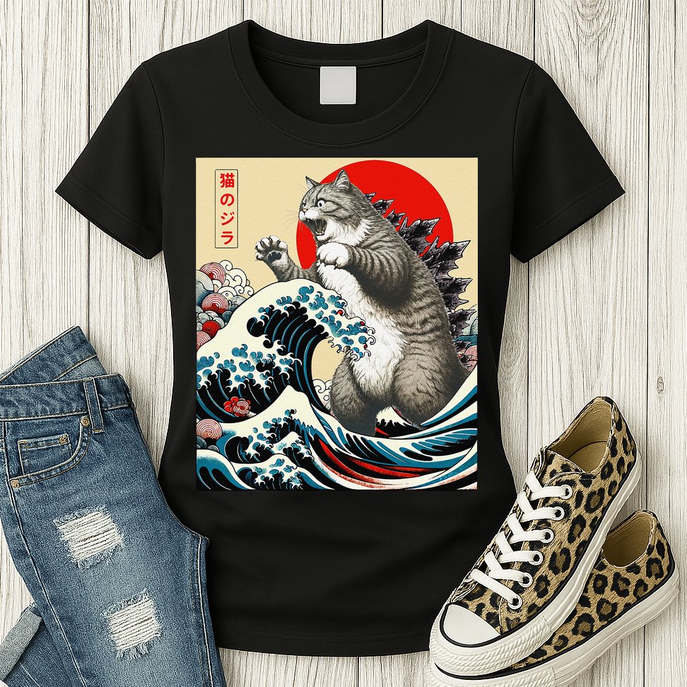 Catzilla Cat Japanese Art Funny Cat Gifts Womens T-Shirt