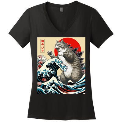 Catzilla Cat Japanese Art Funny Cat Gifts Women's V-Neck T-Shirt