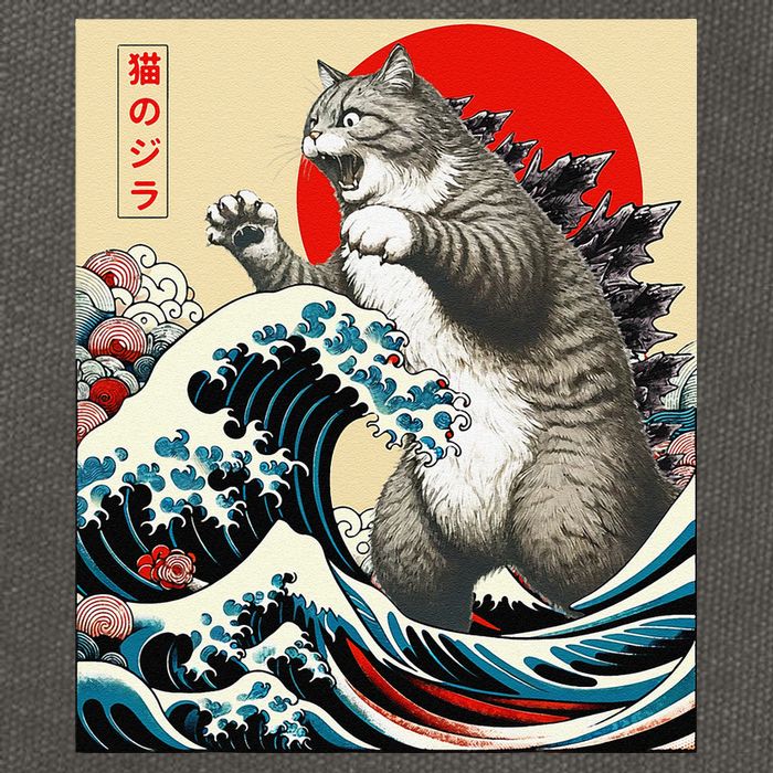 Catzilla Cat Japanese Art Funny Cat Gifts Cotton Canvas Backpack