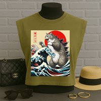 Catzilla Cat Japanese Art Funny Cat Gifts Garment-Dyed Women's Muscle Tee