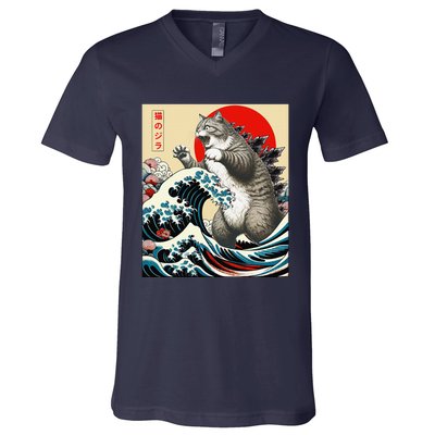 Catzilla Cat Japanese Art Funny Cat Gifts V-Neck T-Shirt