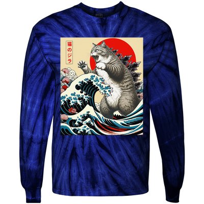 Catzilla Cat Japanese Art Funny Cat Gifts Tie-Dye Long Sleeve Shirt