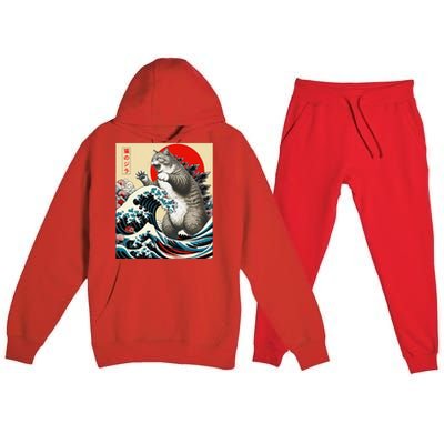 Catzilla Cat Japanese Art Funny Cat Gifts Premium Hooded Sweatsuit Set