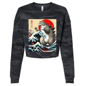 Catzilla Cat Japanese Art Funny Cat Gifts Cropped Pullover Crew