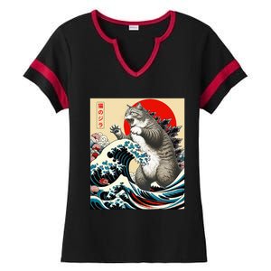 Catzilla Cat Japanese Art Funny Cat Gifts Ladies Halftime Notch Neck Tee