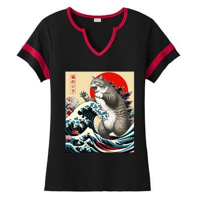 Catzilla Cat Japanese Art Funny Cat Gifts Ladies Halftime Notch Neck Tee