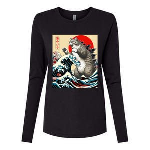 Catzilla Cat Japanese Art Funny Cat Gifts Womens Cotton Relaxed Long Sleeve T-Shirt