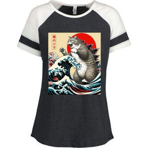 Catzilla Cat Japanese Art Funny Cat Gifts Enza Ladies Jersey Colorblock Tee