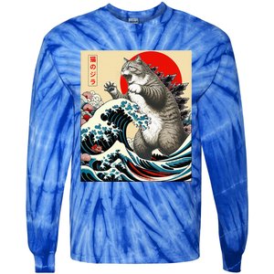 Catzilla Cat Japanese Art Funny Cat Gifts Tie-Dye Long Sleeve Shirt