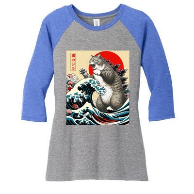 Catzilla Cat Japanese Art Funny Cat Gifts Women's Tri-Blend 3/4-Sleeve Raglan Shirt