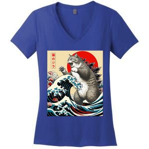 Catzilla Cat Japanese Art Funny Cat Gifts Women's V-Neck T-Shirt