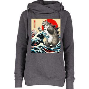 Catzilla Cat Japanese Art Funny Cat Gifts Womens Funnel Neck Pullover Hood