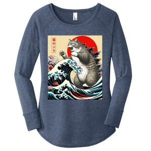 Catzilla Cat Japanese Art Funny Cat Gifts Women's Perfect Tri Tunic Long Sleeve Shirt