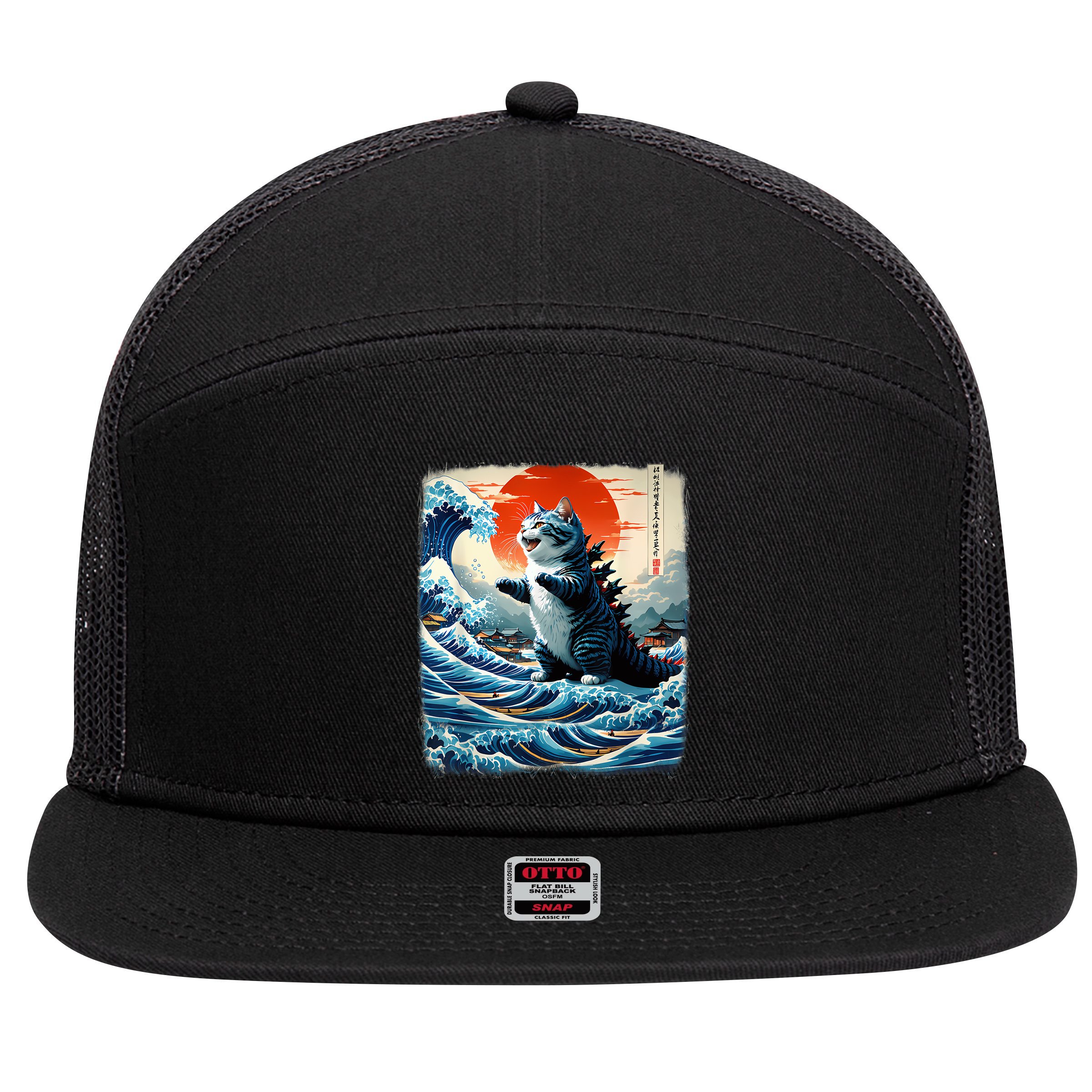 Catzilla Cat Japanese Art Funny Cat Adventure 7 Panel Mesh Trucker Snapback Hat