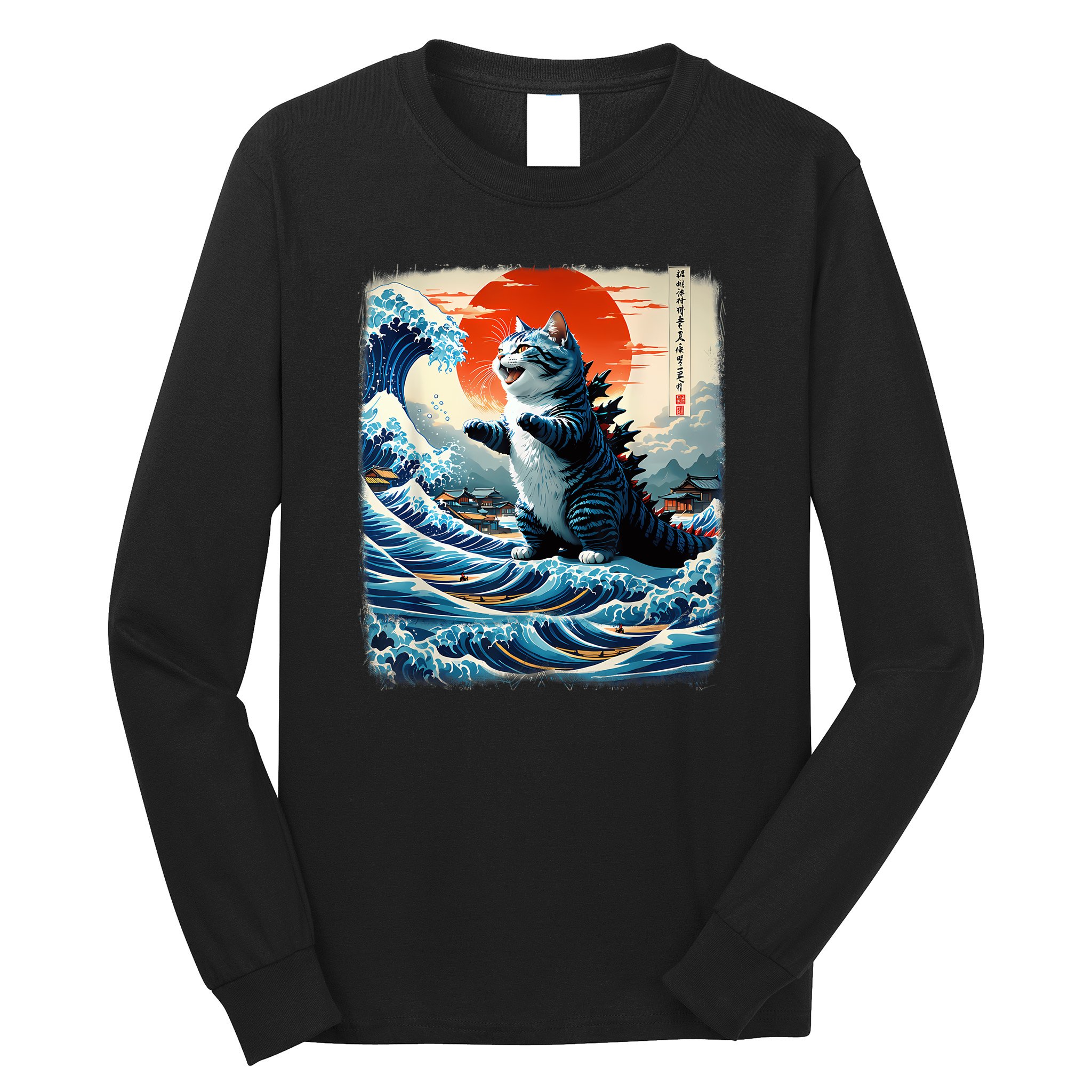 Catzilla Cat Japanese Art Funny Cat Adventure Long Sleeve Shirt