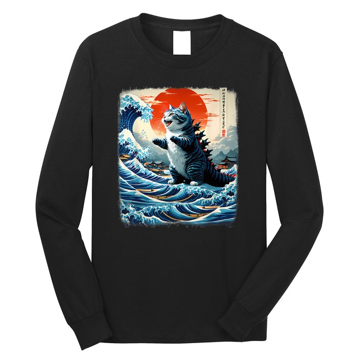 Catzilla Cat Japanese Art Funny Cat Adventure Long Sleeve Shirt