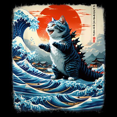 Catzilla Cat Japanese Art Funny Cat Adventure T-Shirt
