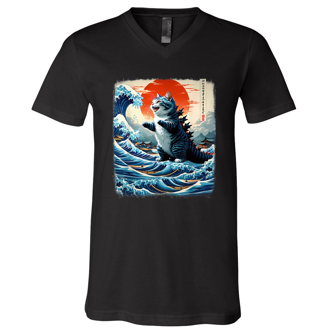 Catzilla Cat Japanese Art Funny Cat Adventure V-Neck T-Shirt