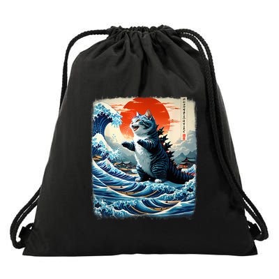 Catzilla Cat Japanese Art Funny Cat Adventure Drawstring Bag