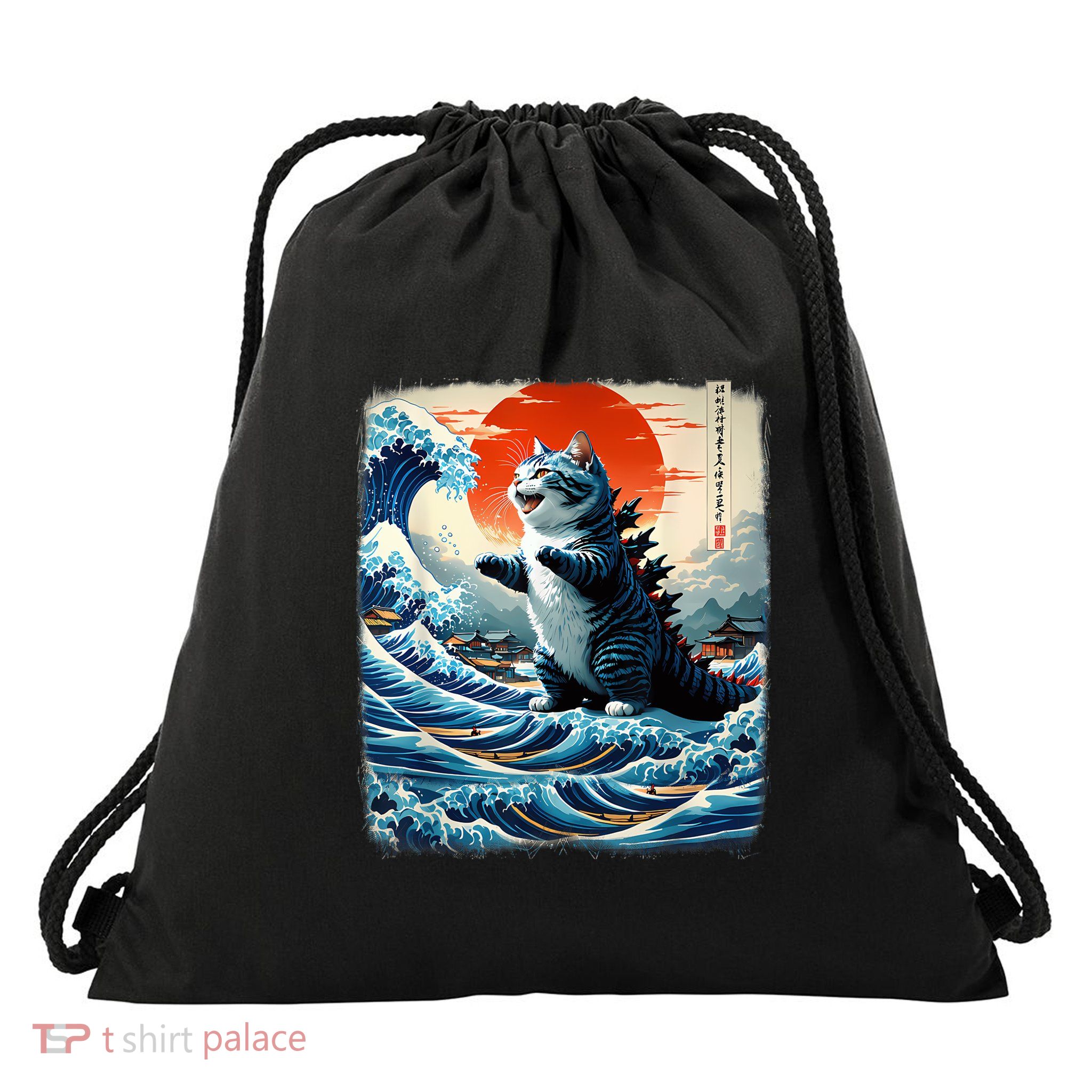 Catzilla Cat Japanese Art Funny Cat Adventure Drawstring Bag
