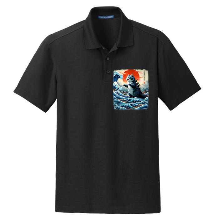 Catzilla Cat Japanese Art Funny Cat Adventure Dry Zone Grid Polo