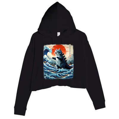 Catzilla Cat Japanese Art Funny Cat Adventure Crop Fleece Hoodie