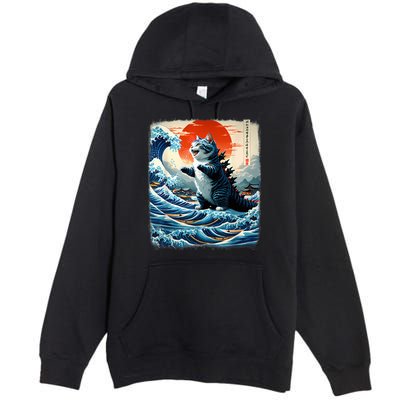 Catzilla Cat Japanese Art Funny Cat Adventure Premium Pullover Hoodie