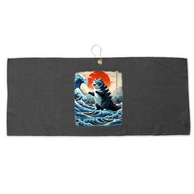 Catzilla Cat Japanese Art Funny Cat Adventure Large Microfiber Waffle Golf Towel